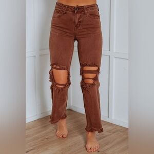 Brown Distressed Flare Jeans